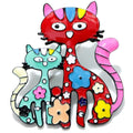 Cute Multicoloured Enamel Cat Brooch | Mother Cat and Kitten with Flowers
