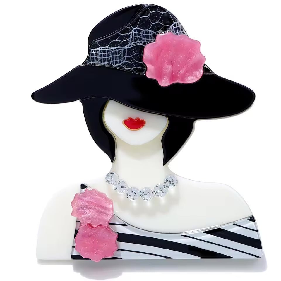 Elegant Lady in Hat with Necklace Flowers Brooch | Fun Head Sholders Pin