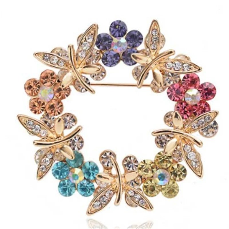 Gold Multicolour Flower and Butterfly Crystal Circle Brooch  | Gold Flower Pin | Flower Jacket Pin (Copy)