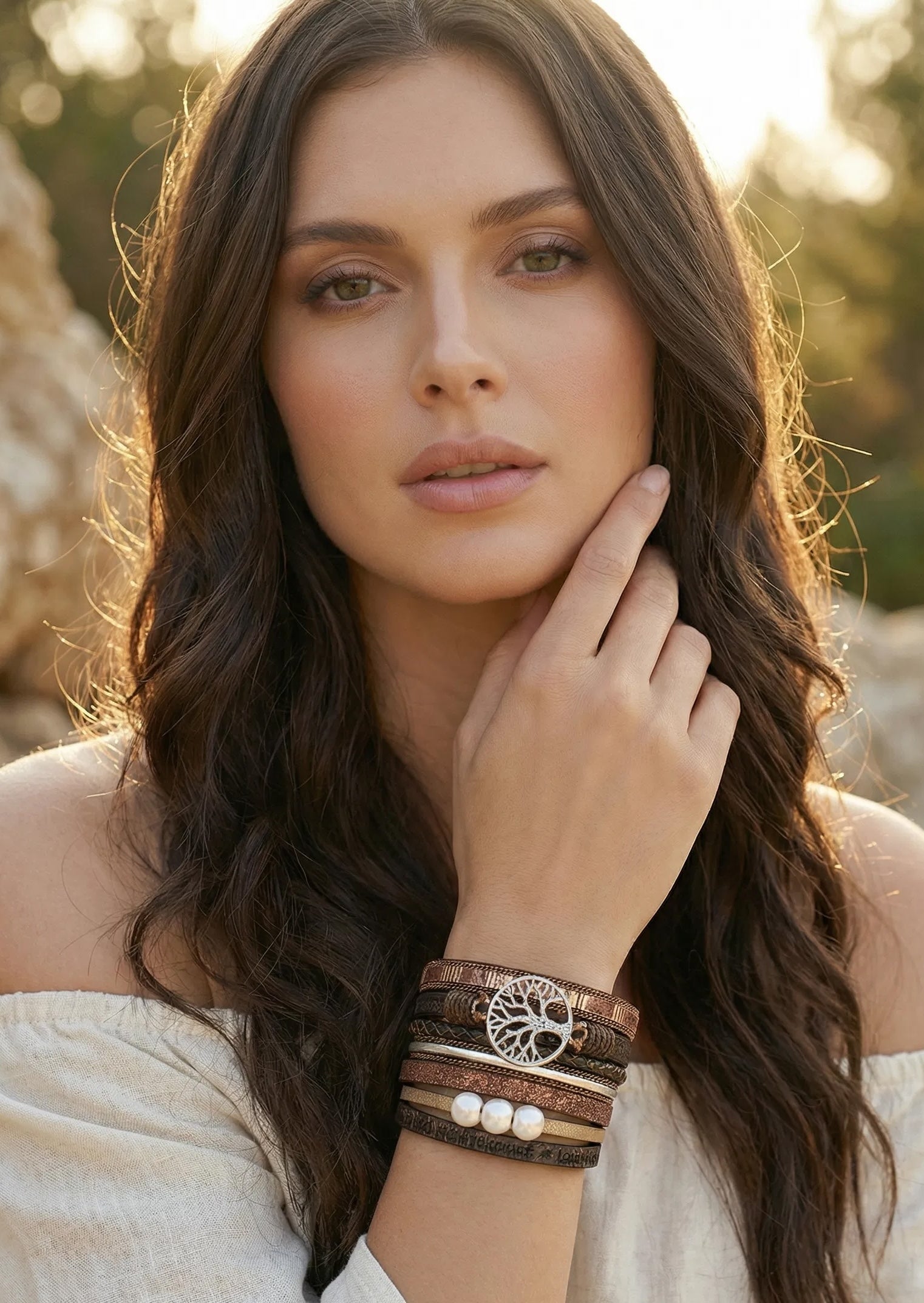 Copper Brown Wide Multi Strand Braceletn| Tree of Life Chunky Statement Bracelet | Boho Mixed Material Bracelet