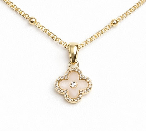 White Mother of Pearl Clover CZ Necklace | Gold Satelite Chain