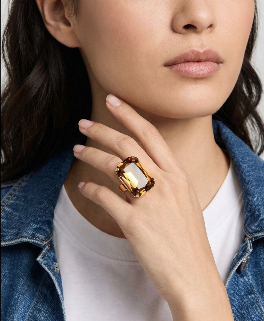 Oversized Golden Shadow Crystal Ring | Adjustable Gold Cocktail Ring | 27mm