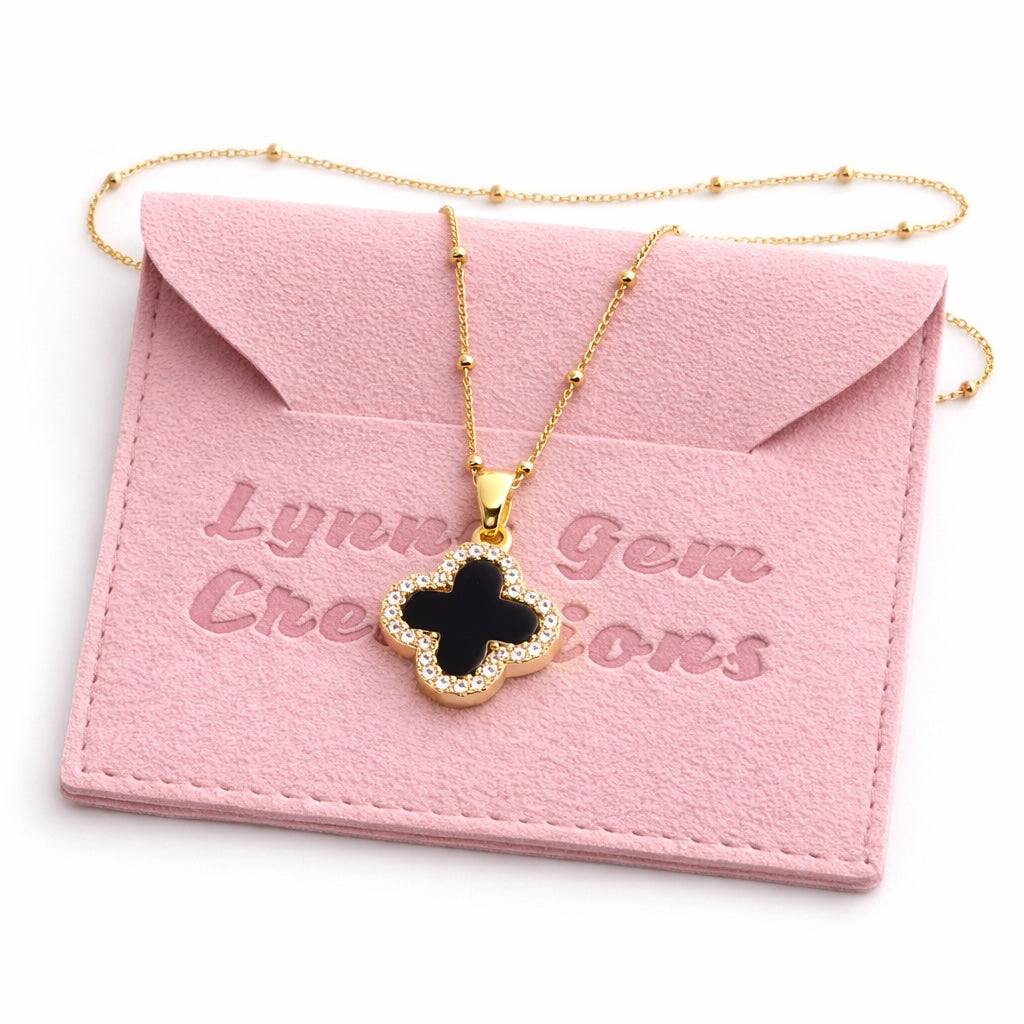 Gold Black Onyx Clover CZ Necklace | Gold Satelite Chain