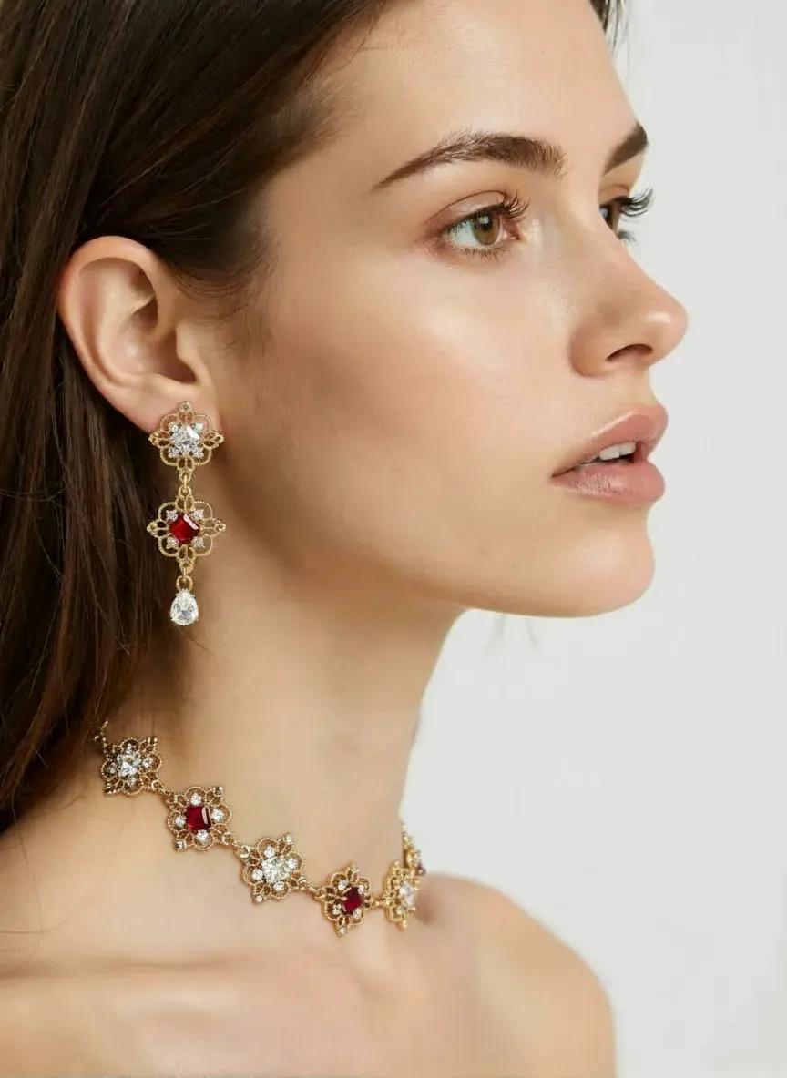 Regency Inspired Ruby Red Crystal Gold Jewellery | Fairycore Choker Set