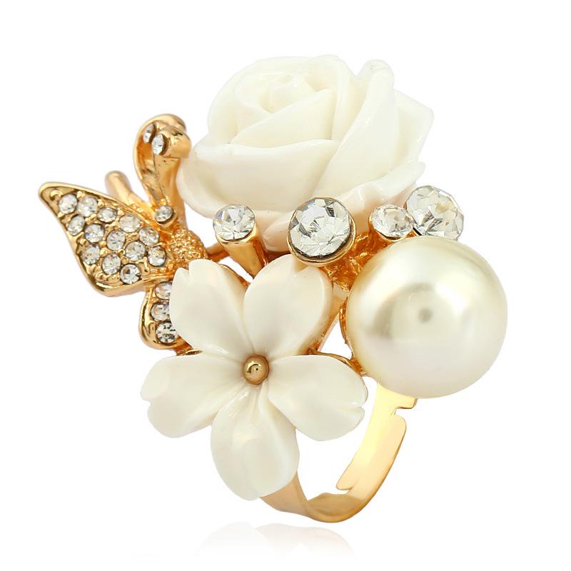 Gold Flower & Butterfly Adjustable Ring With Faux Pearl | Adjustable