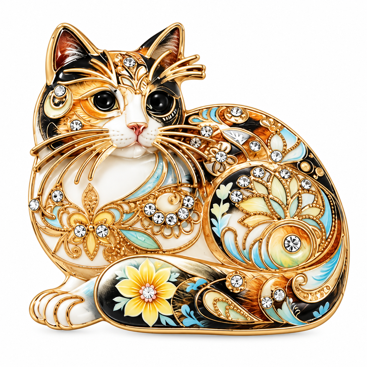 Porcelain Style Cat Brooch | Gold White Vintage Style Pin