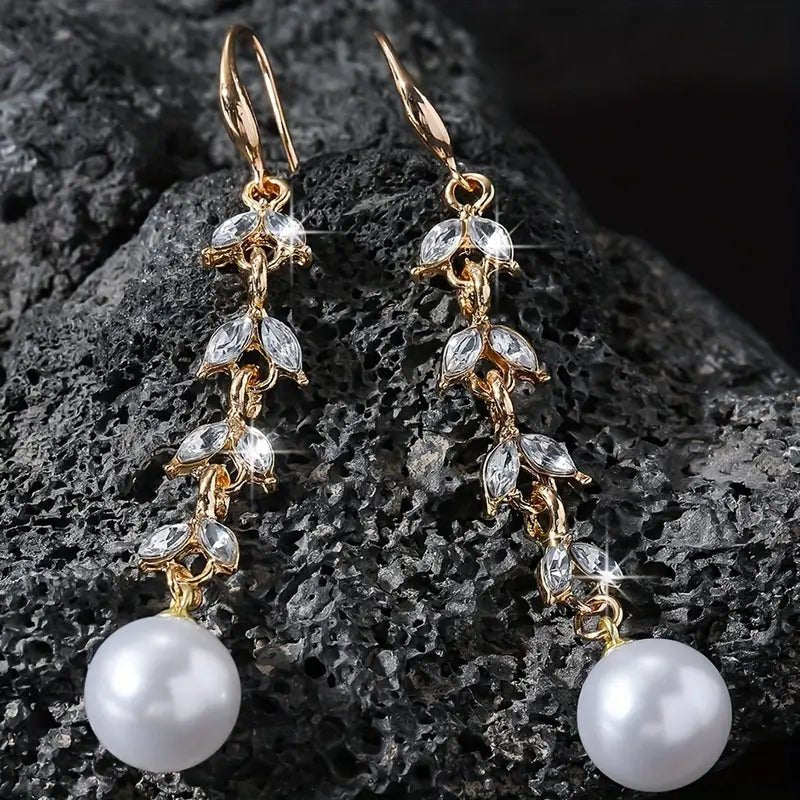 Sparkly Crystal and Pearl Leaf Earrings | Wedding Accessories | Mother of the Bride