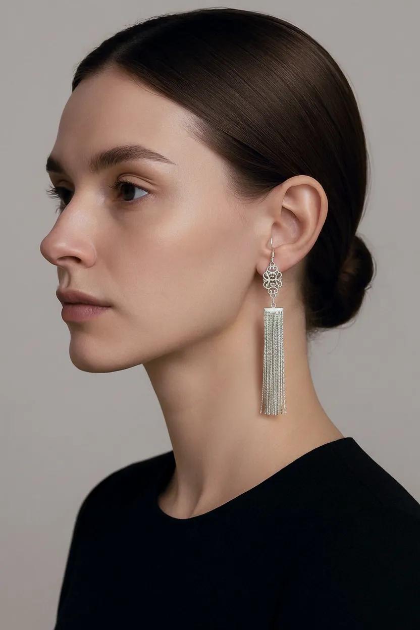 Sterling Silver Tassel Earrings| Extra Long Filigree Chain Drops