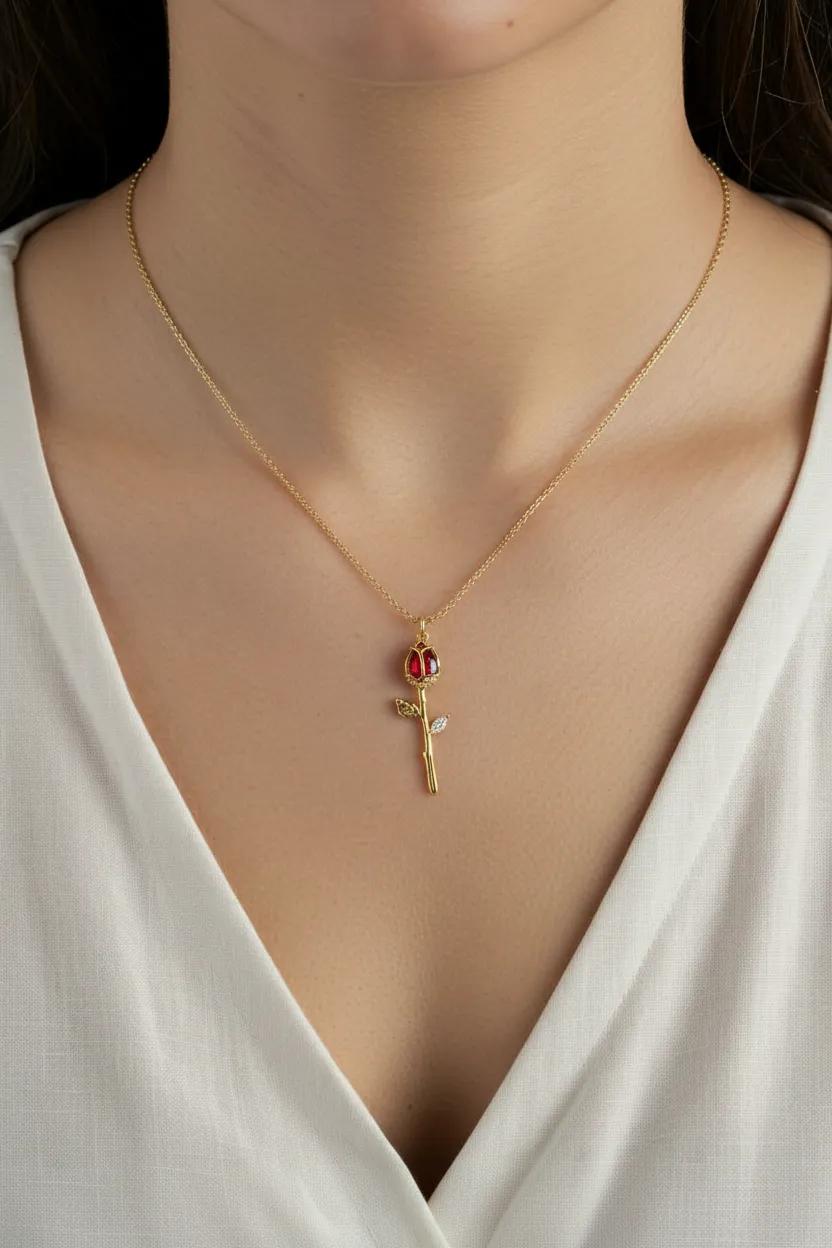 Gold Rose Bud Red Crystal Necklace | Delicate Flower Jewellery | Gold Filled