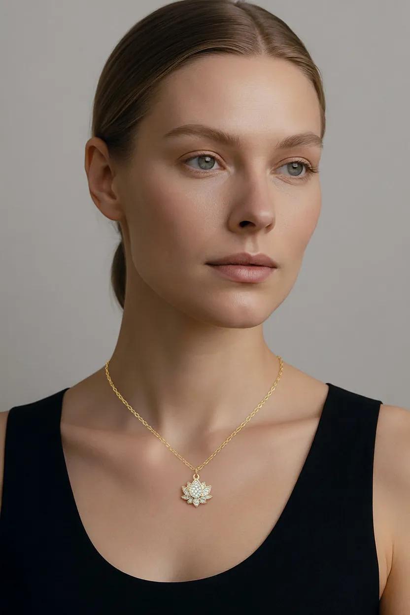 Lotus Flower Crystal Gold Pendant | Flower Pendant | Gold Filled