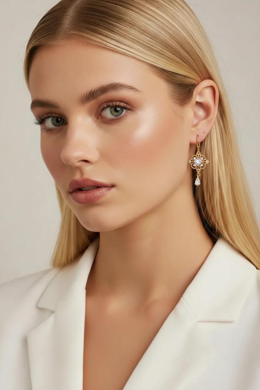 Victorian Style Crystal Gold Earrings | Regency Flower Dangles