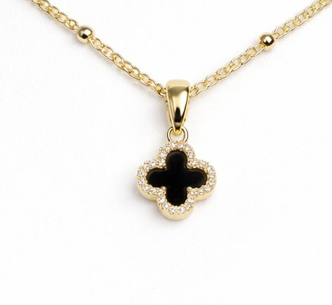 Gold Black Onyx Clover CZ Necklace | Gold Satelite Chain