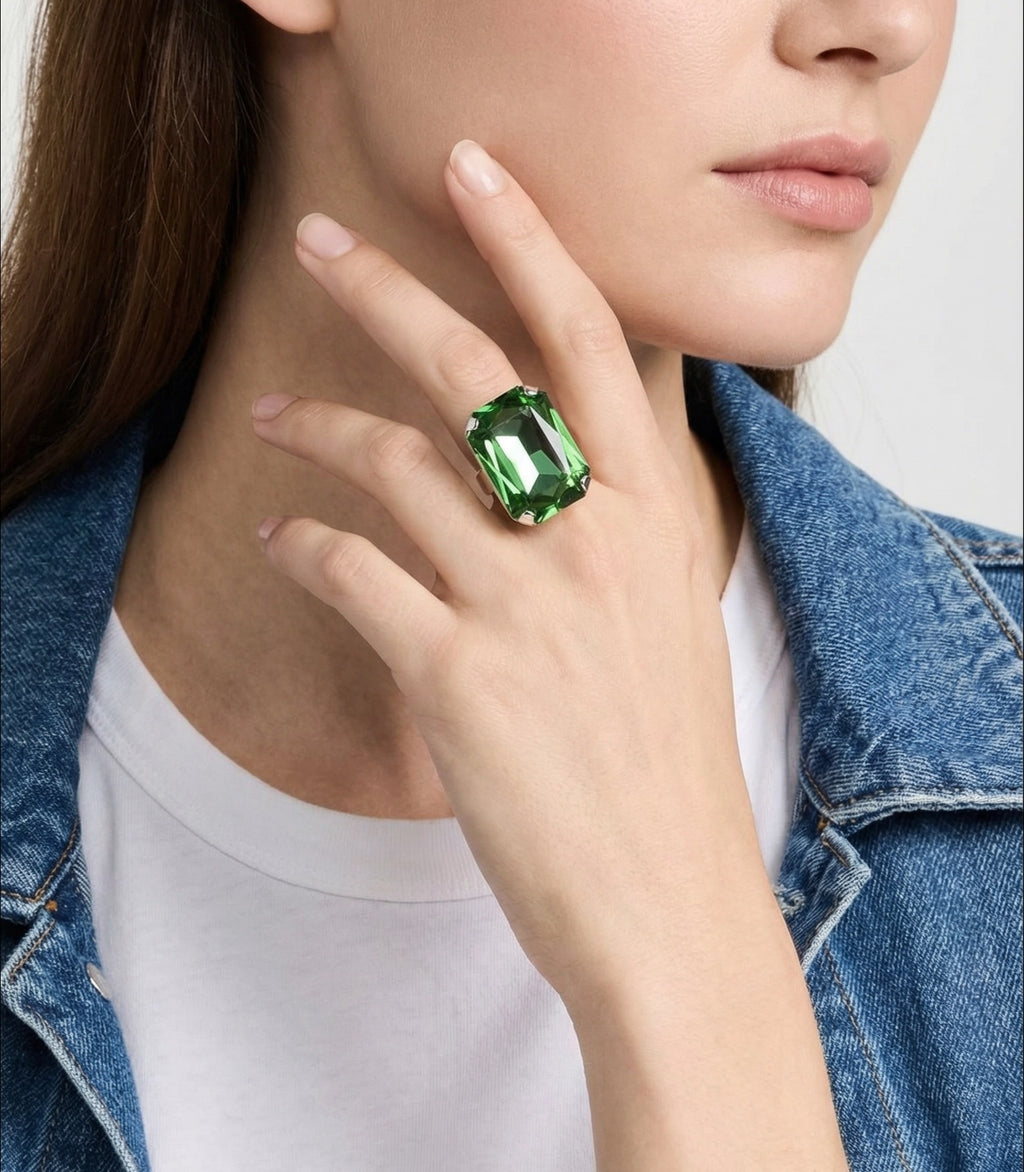 Oversized Peridot Green Crystal Ring | Adjustable Silver Cocktail Ring | 27mm