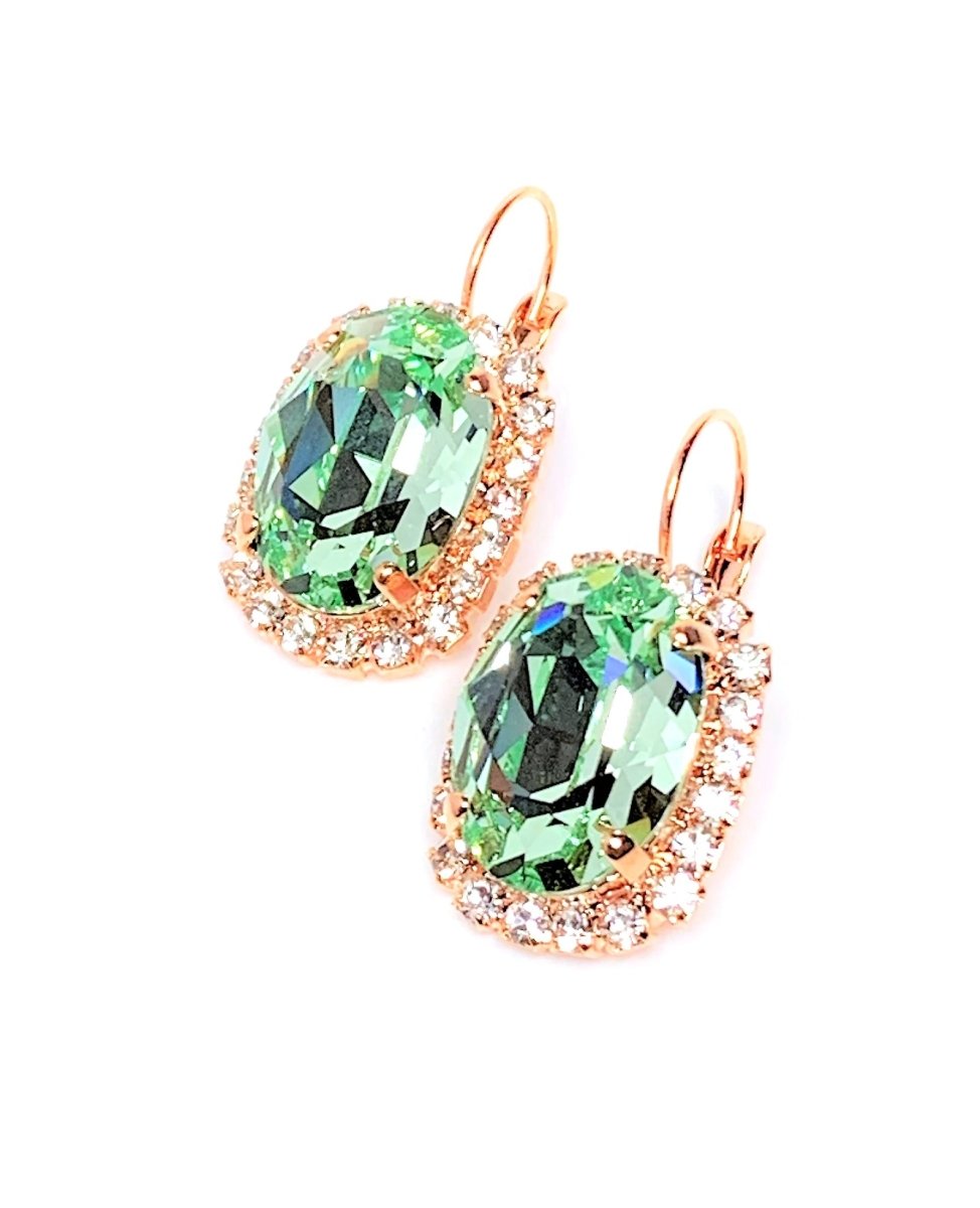Green Austrian Crystal Earrings | Oval Rose Gold Statement Drops