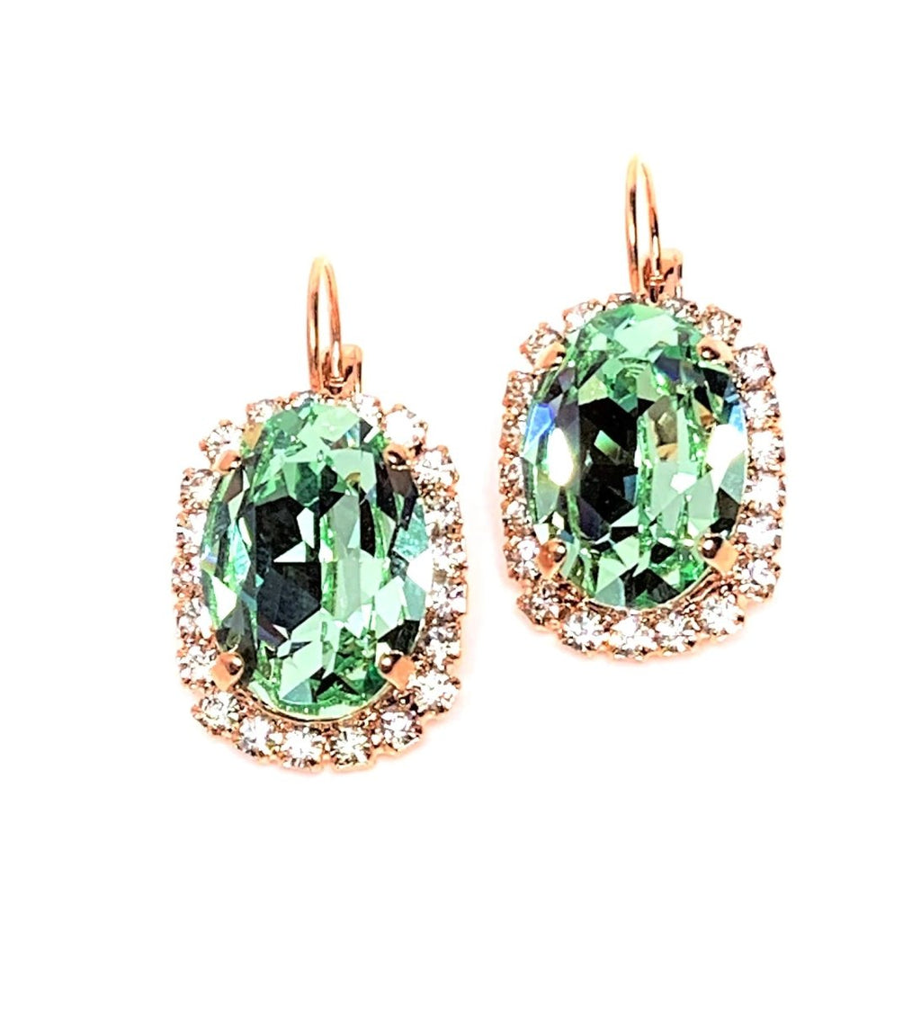 Green Austrian Crystal Earrings | Oval Rose Gold Statement Drops