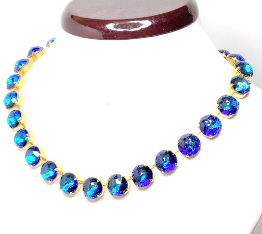 Bermuda Blue Crystal Necklace | Gold Plated | Dome Cut Georgian Collet 