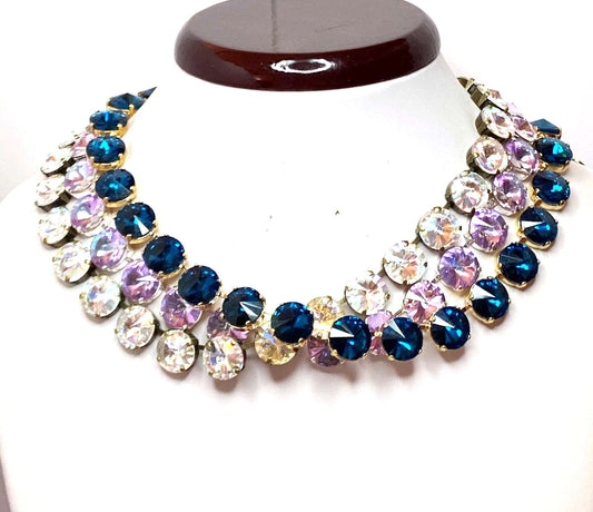 Blue Zircon Georgian Collet Necklace | Purple Rhinestone Choker | Dark Blue Riviere Statement Necklace 