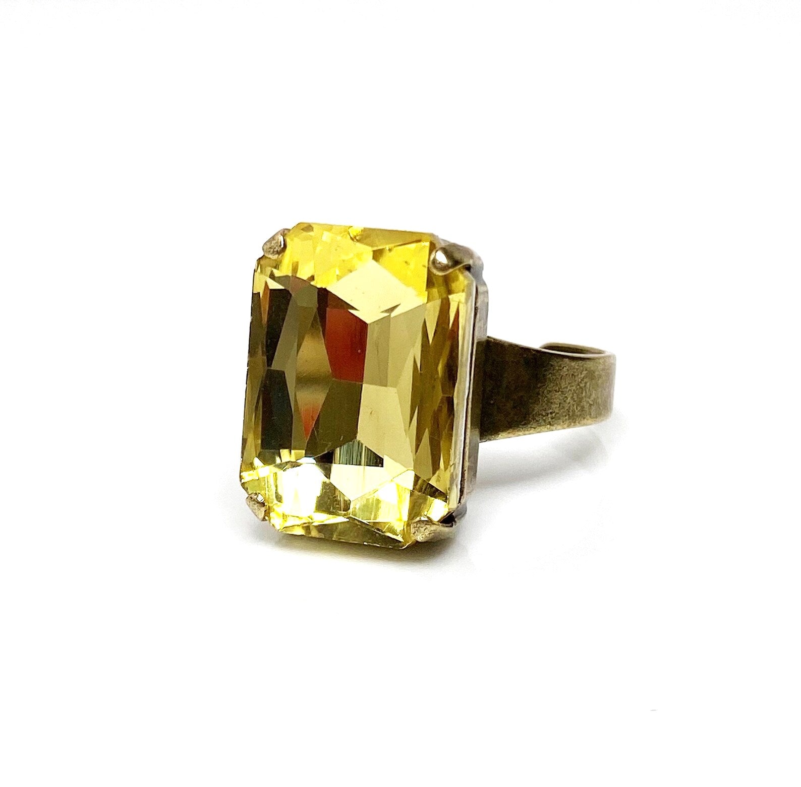 Yellow Crystal Rectangle Statement Ring | Antique Brass | Georgian Style