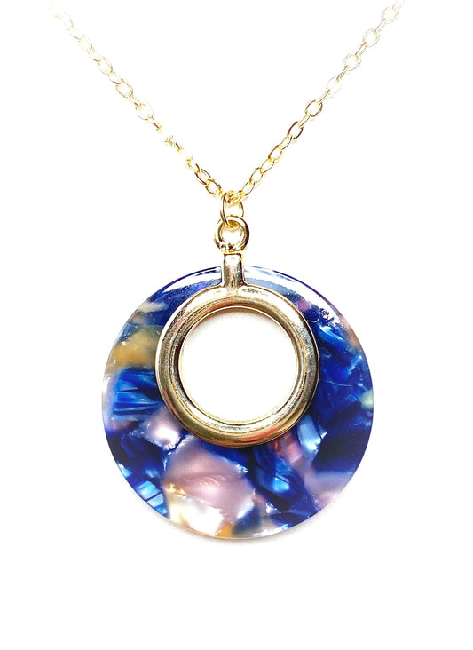 Blue Pink Gold Acrylic Pendant, 14kt Gold Filled, Tortoise Shell Circle Pendant, Women Birthday, Necklaces for Women, Acetate Necklace