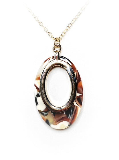 Orange Grey Gold Acrylic Pendant | Gold Filled | Tortoise Shell Oval Pendant