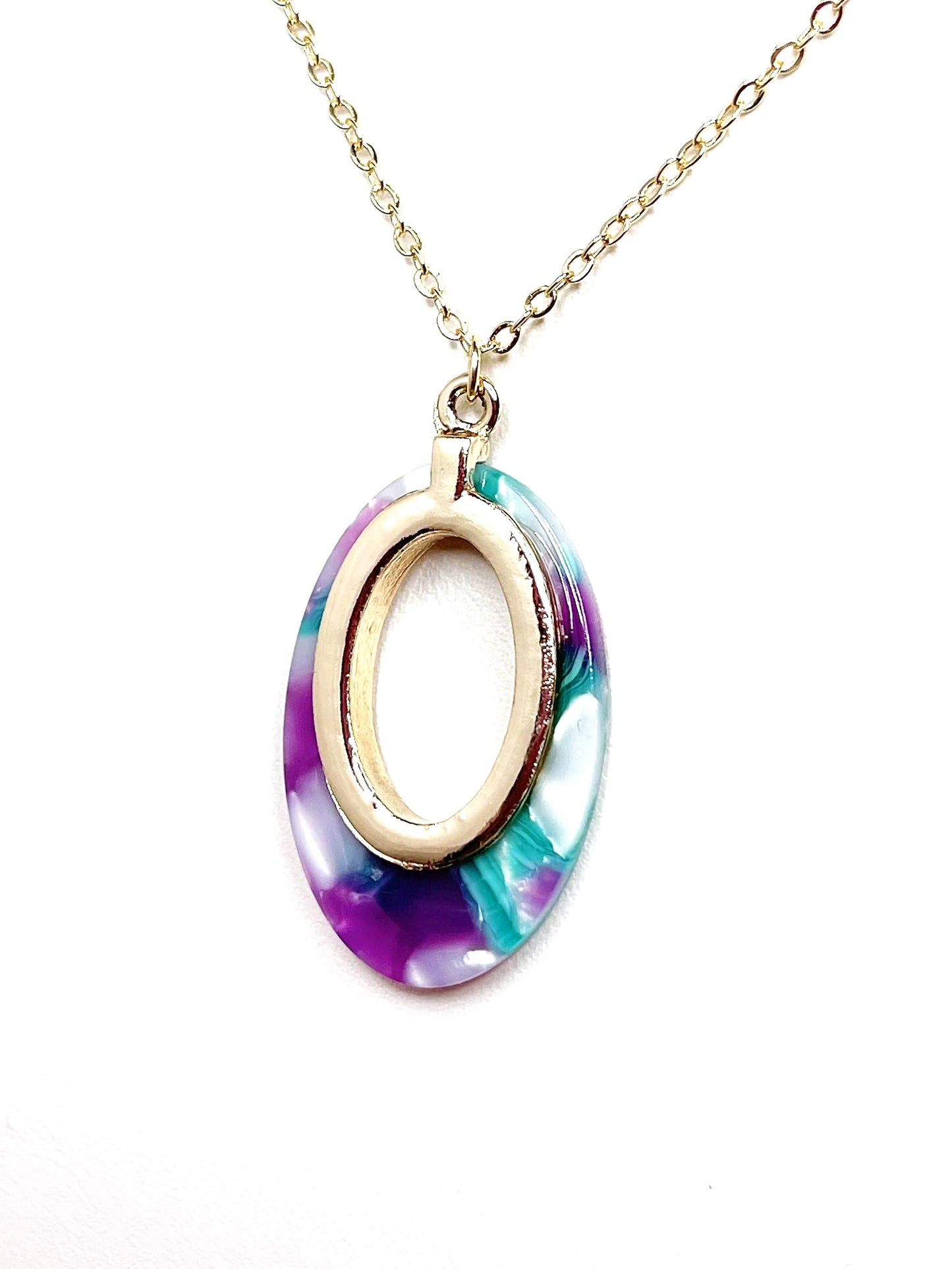 Purple Teal Gold Acrylic Pendant, 14kt Gold Filled, Tortoise Shell Oval Pendant, Women Birthday, Necklaces for Women, Acetate Necklace