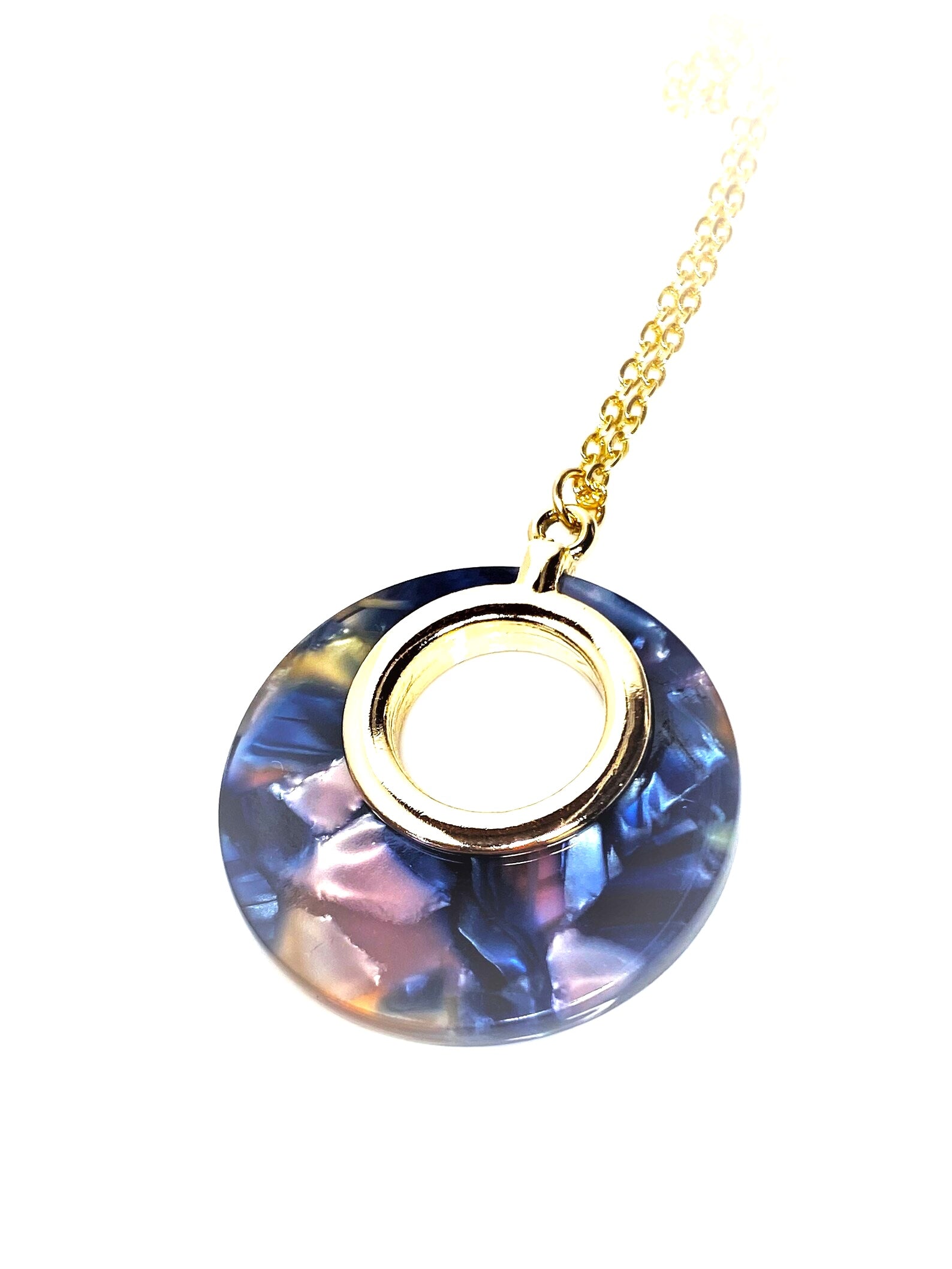 Blue Pink Gold Acrylic Pendant, 14kt Gold Filled, Tortoise Shell Circle Pendant, Women Birthday, Necklaces for Women, Acetate Necklace