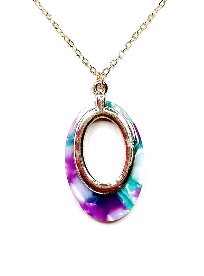 Purple Teal Gold Acrylic Pendant, 14kt Gold Filled, Tortoise Shell Oval Pendant, Women Birthday, Necklaces for Women, Acetate Necklace