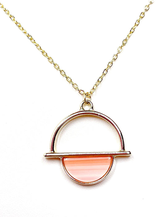 Pink Semi-circle Gold Acrylic Pendant | Gold Filled | Tortoise Shell Pendant