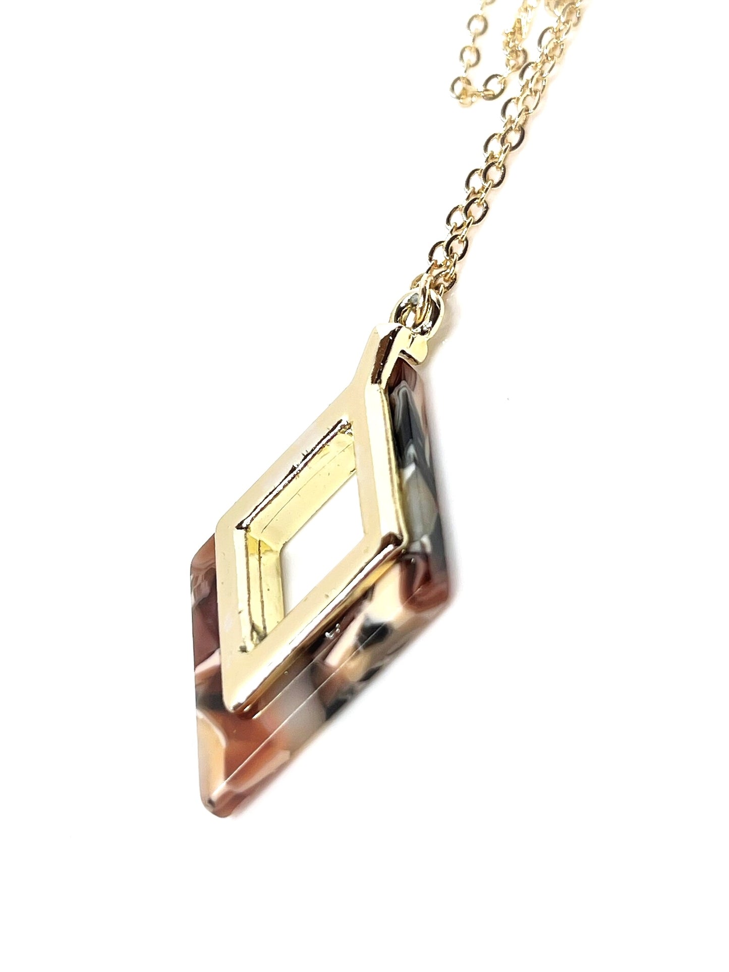 Brown Cream Gold Acrylic Pendant | Gold Filled | Tortoise Shell Diamond Pendant