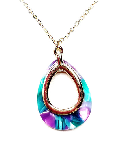 Purple Teal Gold Acrylic Pendant | Gold Filled | Tortoise Shell Teardrop Pendant