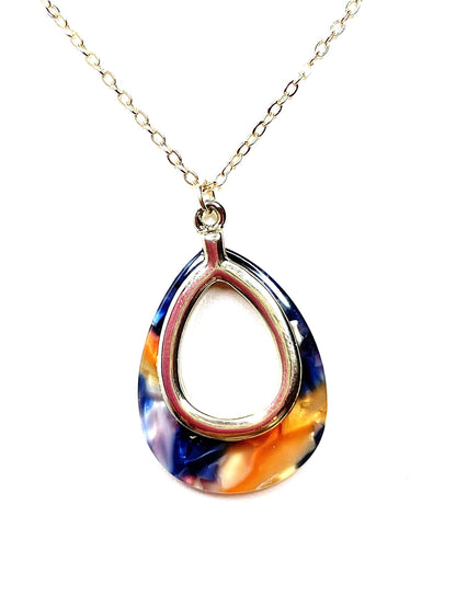 Orange Blue Gold Acrylic Pendant | Gold Filled | Tortoise Shell Teardrop Pendant