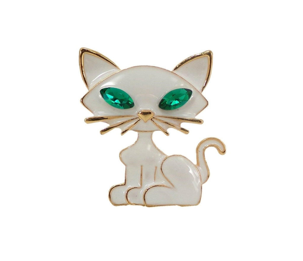White Green Eyed Sitting Cat Brooch | Gift for Cat Lovers