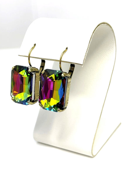 Rainbow Crystal Earrings | Multicolour Octagon Statement Drops | Antique Brass