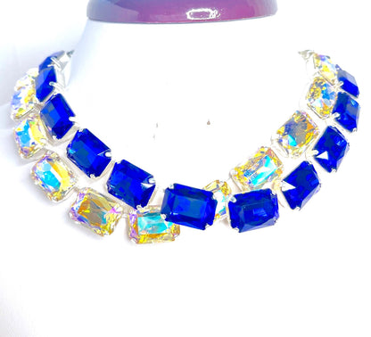 Capri Blue Crystal Necklace, Anna Wintour Style, Clear Georgian Collet, Blue Riviere Choker