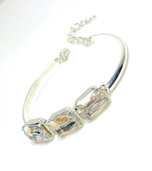 Clear AB Crystal Bracelet | Octagon Three Stone Cuff | Clear Stone Adjustable Bangle Bracelet