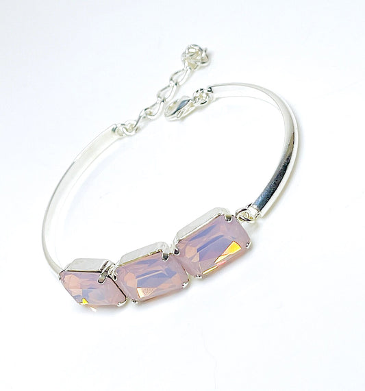 Pink Opal Crystal Bracelet, 14 x 10mm Octagon, 3 Stone Cuff, Pink Stone Bangle Bracelet, Silver Plated, Adjustable, Bracelets for Women