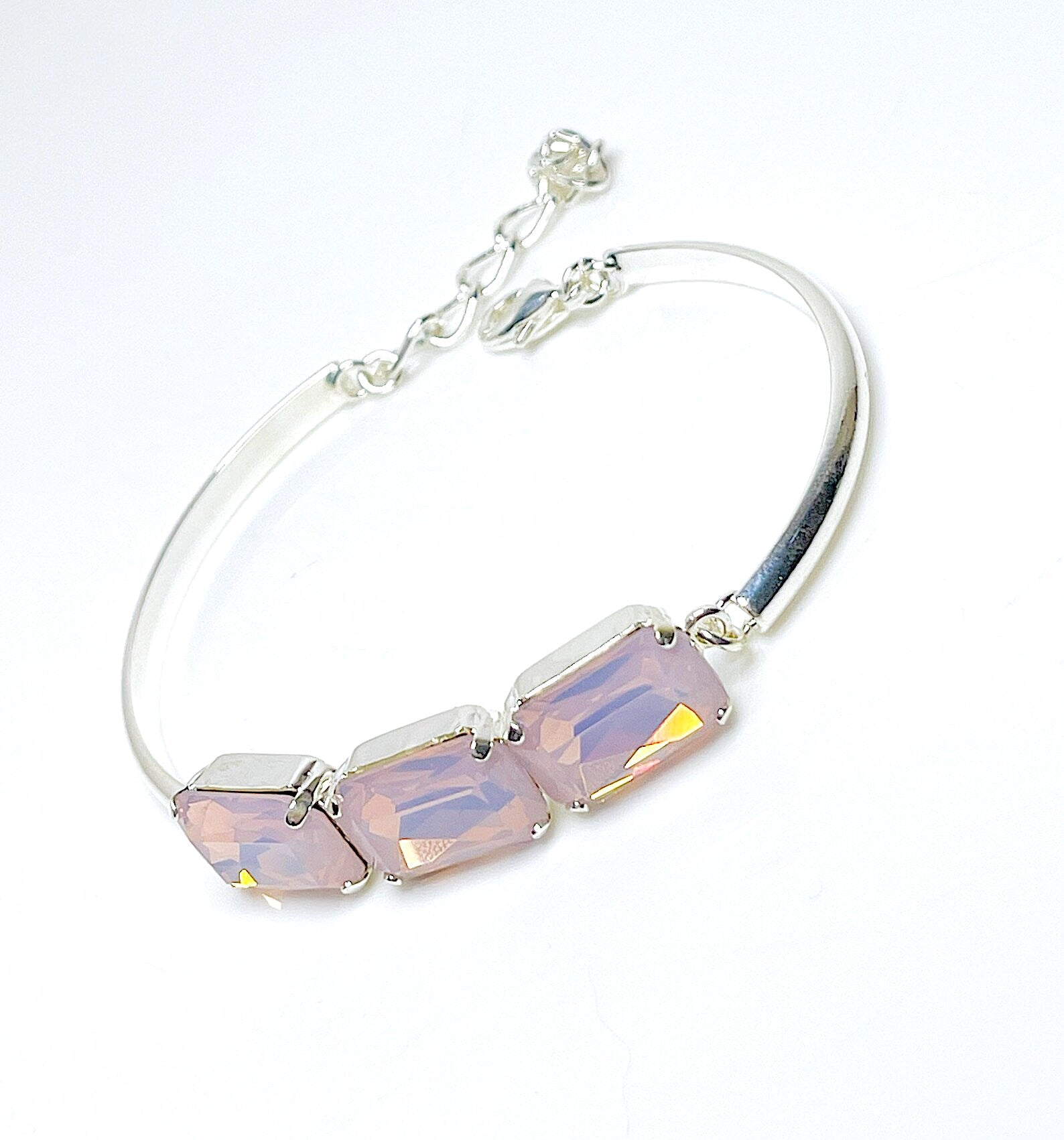 Rose Water Opal Crystal Bracelet, 14 x 10mm Octagon, 3 Stone Cuff, Pink Stone Bangle Bracelet, Silver Plated, Adjustable, Bracelets for Women