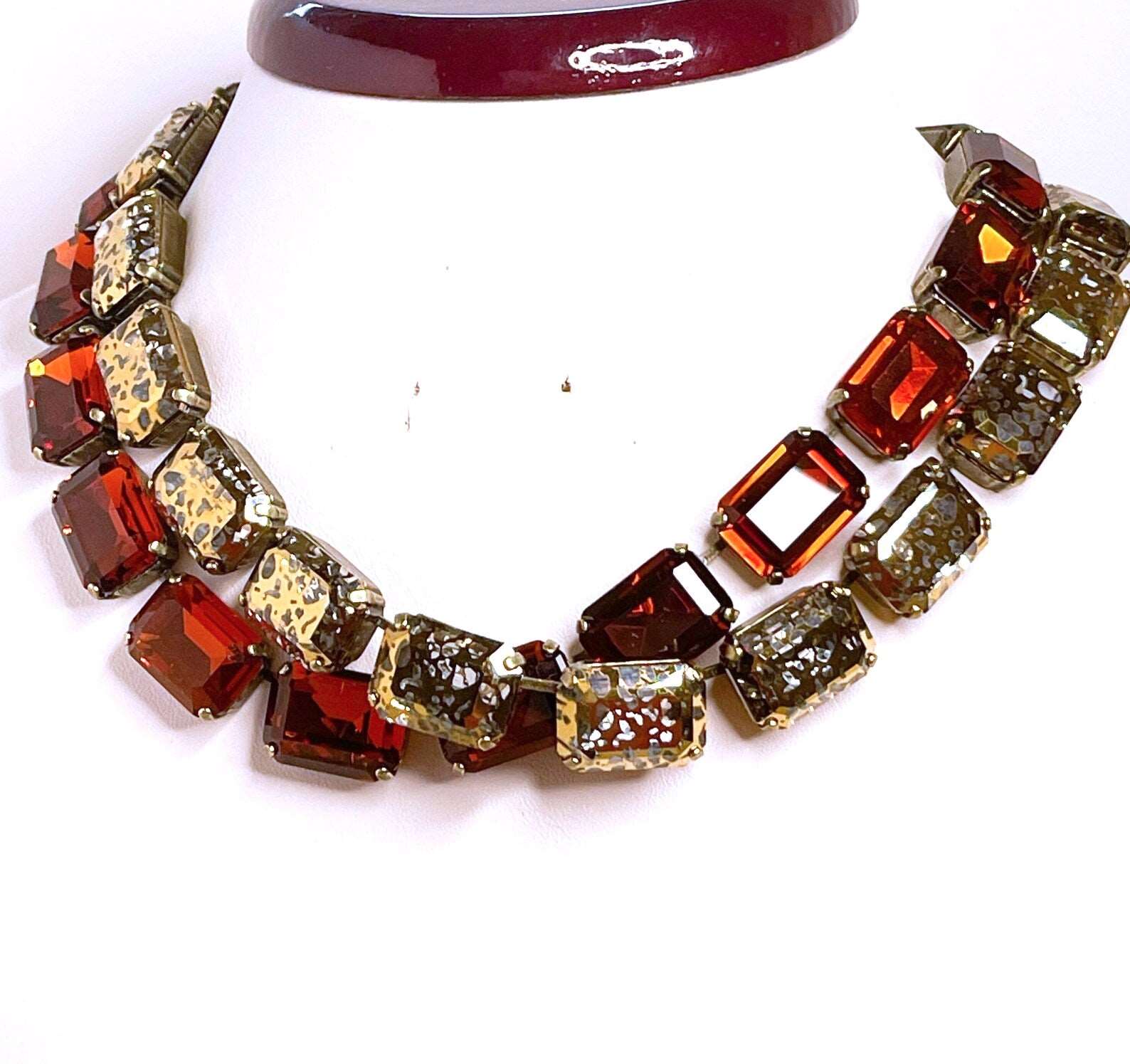 Tangerine Georgian Collet | Gold Patina Crystal Choker | Anna Wintour Style |  Statement Riviere Necklace