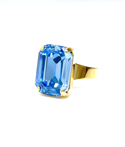 Aquamarine Crystal Rectangle Ring | Gold Plated | Vintage Style