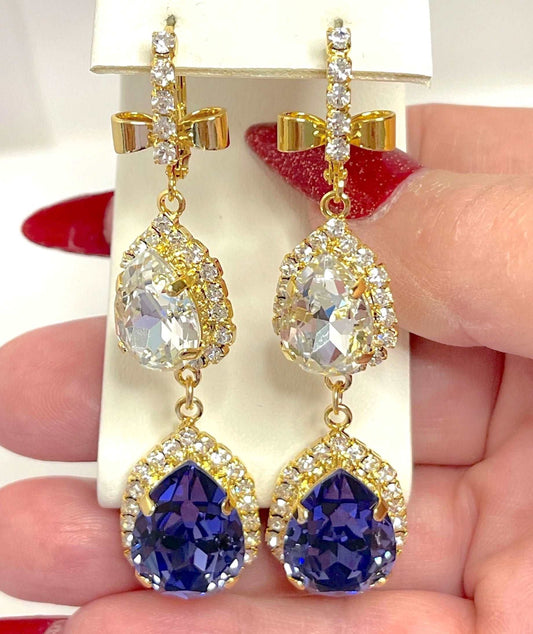 Tanzanite Clear Crystal Earrings| Long Purple Gold Drops | Vintage Style
