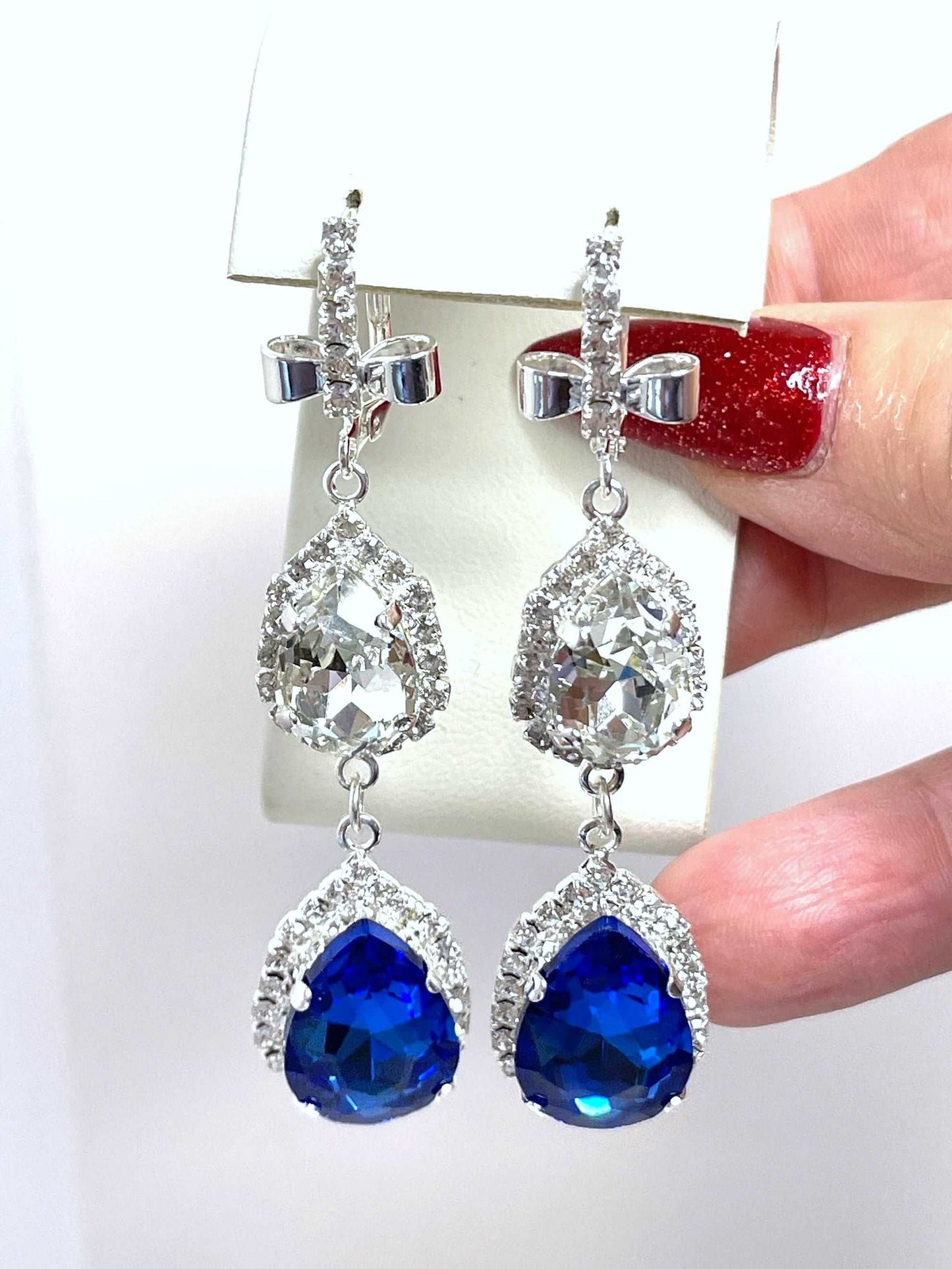 Sapphire Clear Crystal Earrings | Long Blue Silver Drops | Vintage Style