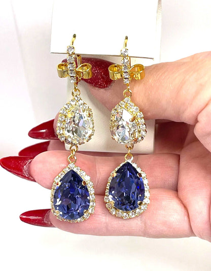 Tanzanite Clear Crystal Earrings| Long Gold Drops | Vintage Style