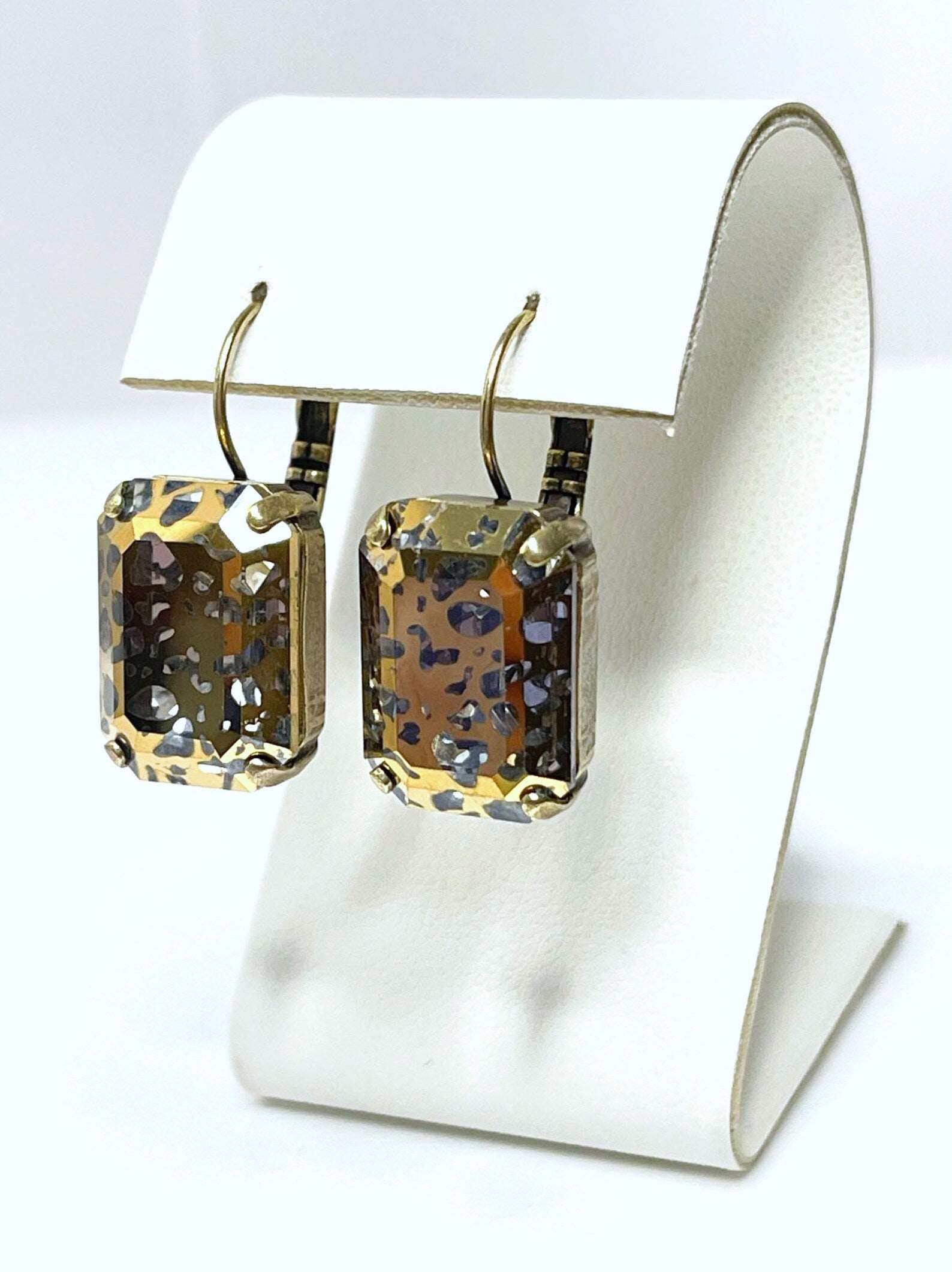 Gold Patina Crystal Earrings | Vintage Style | Georgian Collet | Rectangle Statement Drops