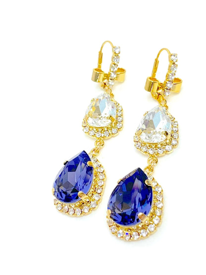 Tanzanite Clear Crystal Earrings| Long Gold Drops | Vintage Style