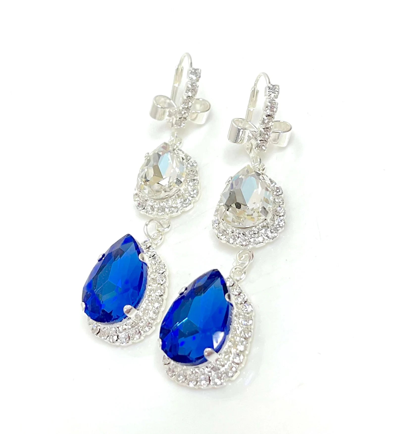 Sapphire Clear Crystal Earrings | Long Blue Silver Drops | Vintage Style