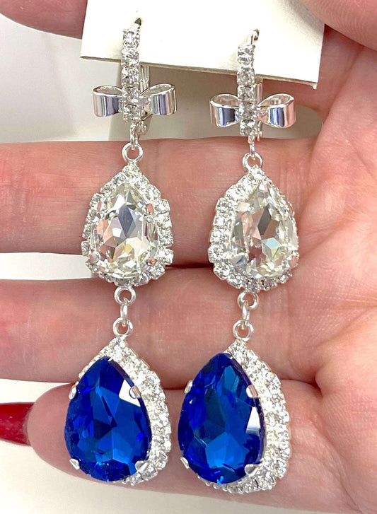 Sapphire Clear Crystal Earrings | Long Blue Silver Drops | Vintage Style