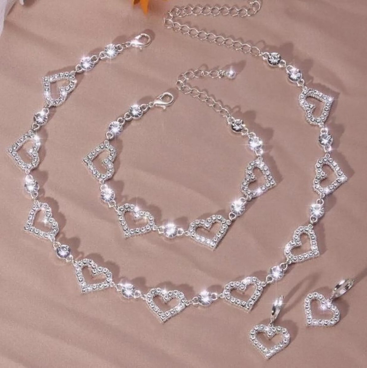 Clear Hollow Crystal Heart Necklace Bracelet and Earrings Set | Wedding Jewellery
