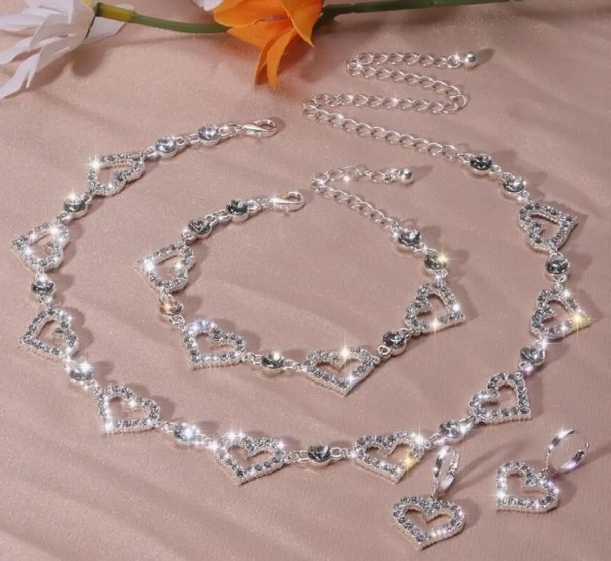 Clear Hollow Crystal Heart Necklace Bracelet and Earrings Set | Wedding Jewellery