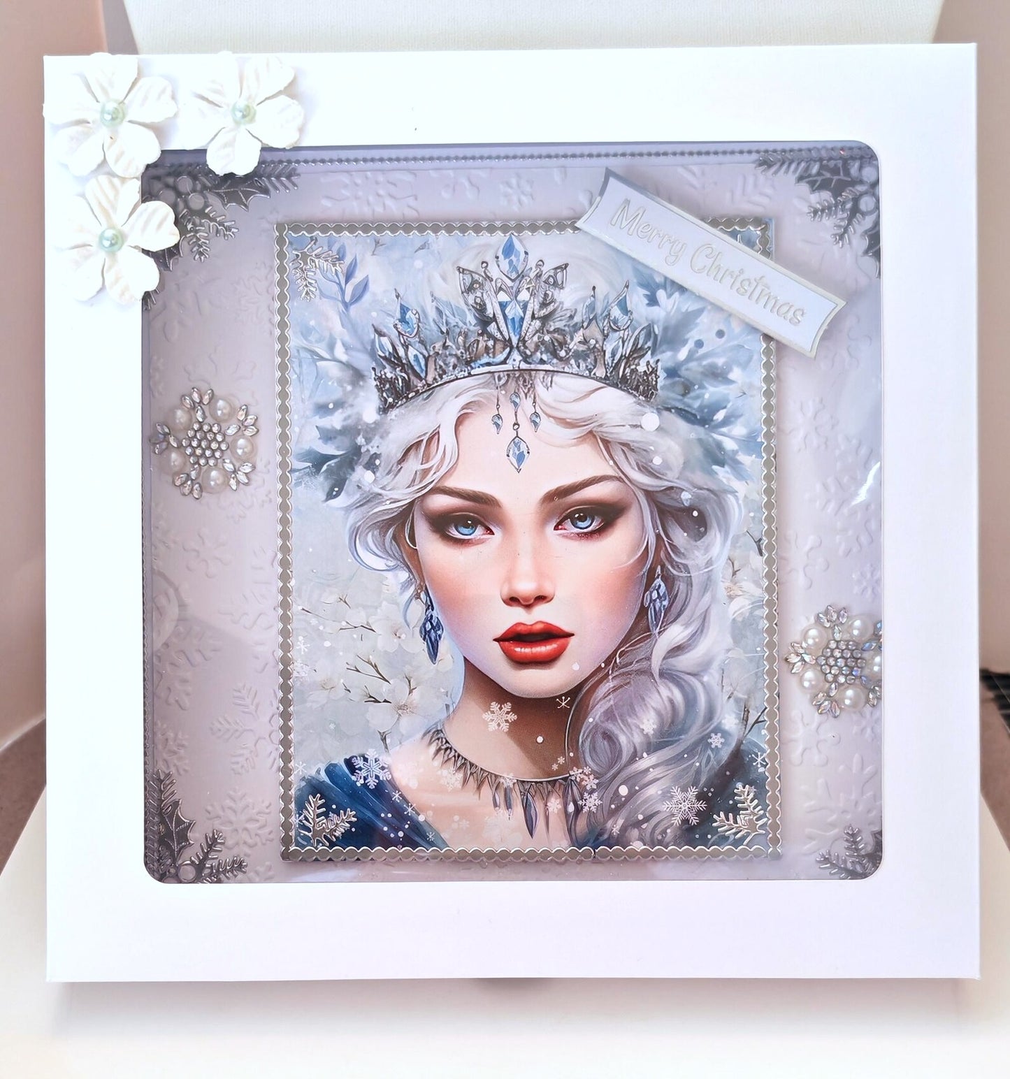 Luxury Handmade Snow Queen Christmas Card - Boxed Holiday Greeting Card - 3D Pearl Snowflakes