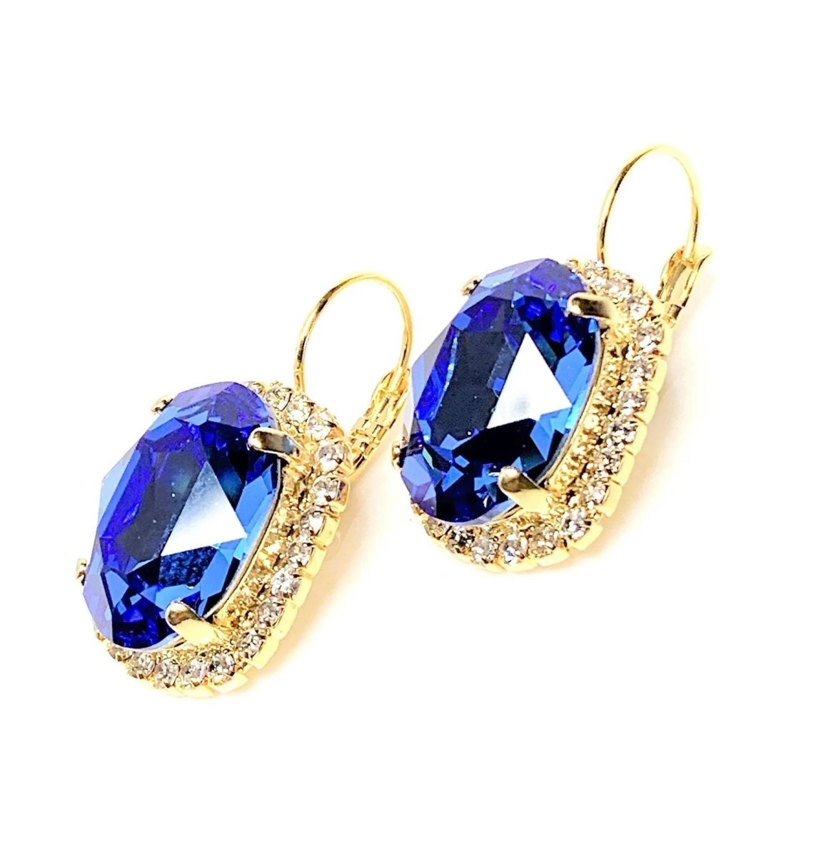 Sapphire Austrian Crystal Earrings | Sparkly Crystal CZ Drops | Oval Gold Earrings